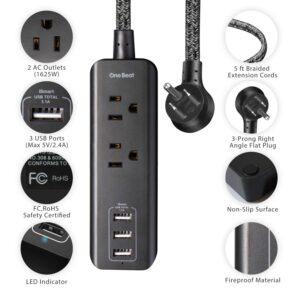 Power Strip with 3 USB Charging Ports(15W/3.1A) and 2 Outlets, Desktop Charging Station with 5 Foot Braided Extension Cord, Right Angle Flat Plug, Small for Travel Hotel, Cruise Ship, Home and Office