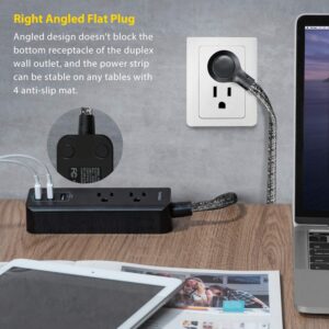 Power Strip with 3 USB Charging Ports(15W/3.1A) and 2 Outlets, Desktop Charging Station with 5 Foot Braided Extension Cord, Right Angle Flat Plug, Small for Travel Hotel, Cruise Ship, Home and Office