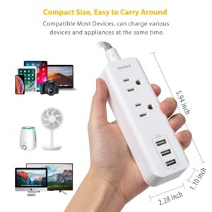 Power Strip with 3 USB Charging Ports(15W/3.1A) and 2 Outlets, Desktop Charging Station with 5 Foot Braided Extension Cord, Right Angle Flat Plug, Small for Travel Hotel, Cruise Ship, Home and Office