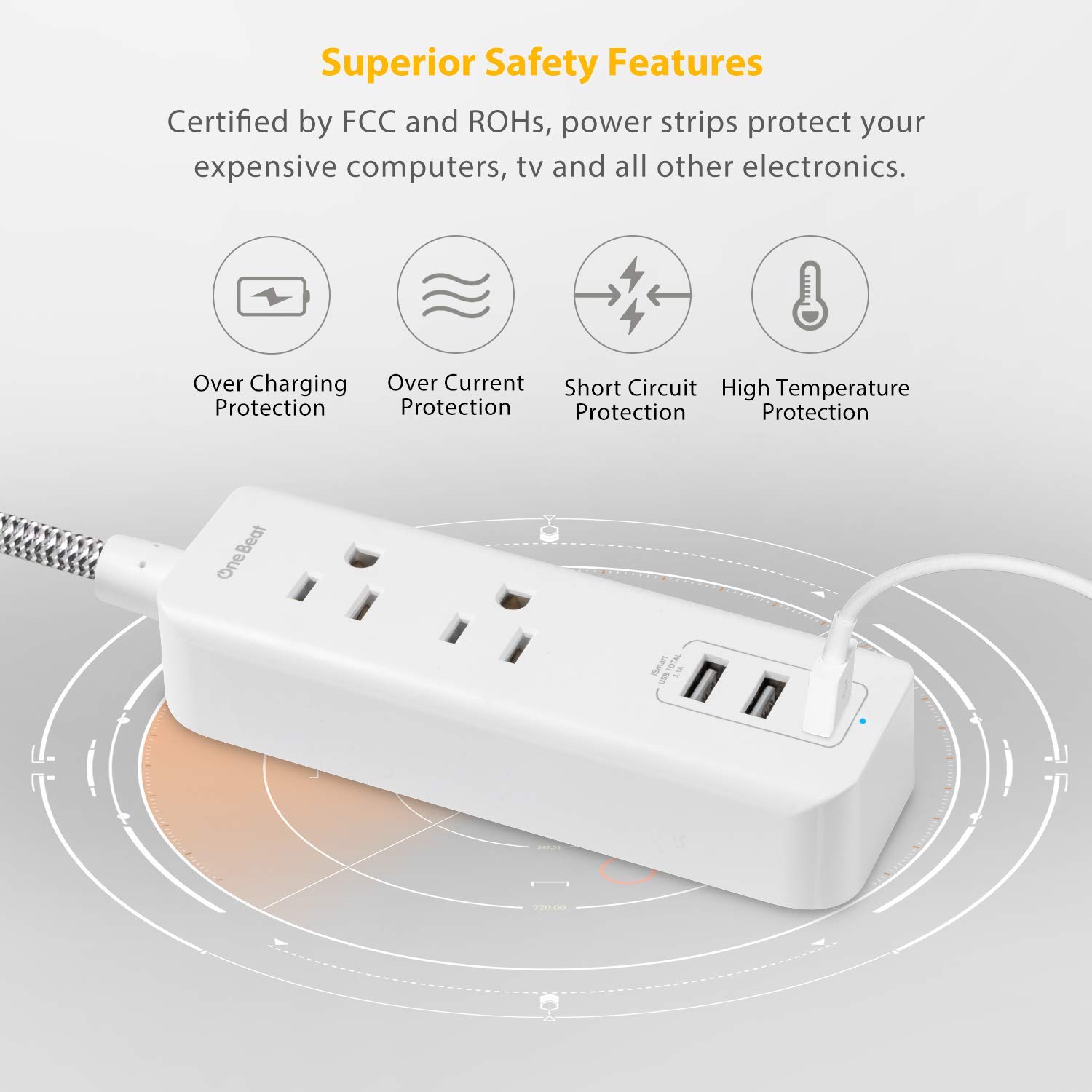 Power Strip with 3 USB Charging Ports(15W/3.1A) and 2 Outlets, Desktop Charging Station with 5 Foot Braided Extension Cord, Right Angle Flat Plug, Small for Travel Hotel, Cruise Ship, Home and Office