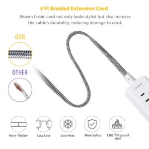 Power Strip with 3 USB Charging Ports(15W/3.1A) and 2 Outlets, Desktop Charging Station with 5 Foot Braided Extension Cord, Right Angle Flat Plug, Small for Travel Hotel, Cruise Ship, Home and Office