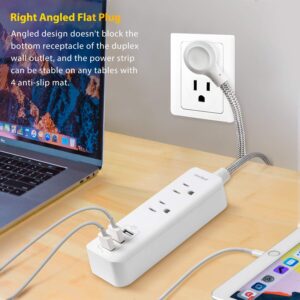 Power Strip with 3 USB Charging Ports(15W/3.1A) and 2 Outlets, Desktop Charging Station with 5 Foot Braided Extension Cord, Right Angle Flat Plug, Small for Travel Hotel, Cruise Ship, Home and Office