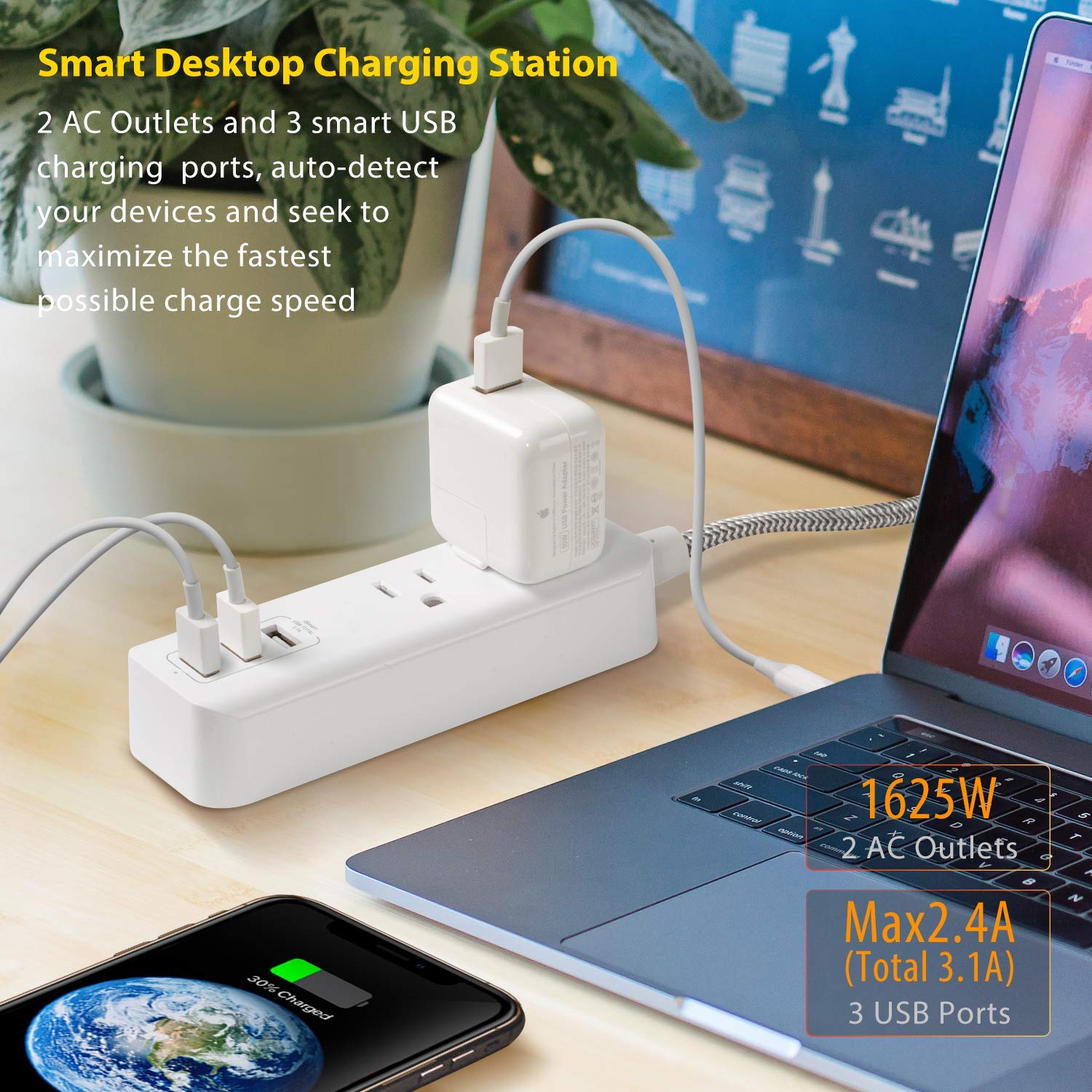 Power Strip with 3 USB Charging Ports(15W/3.1A) and 2 Outlets, Desktop Charging Station with 5 Foot Braided Extension Cord, Right Angle Flat Plug, Small for Travel Hotel, Cruise Ship, Home and Office