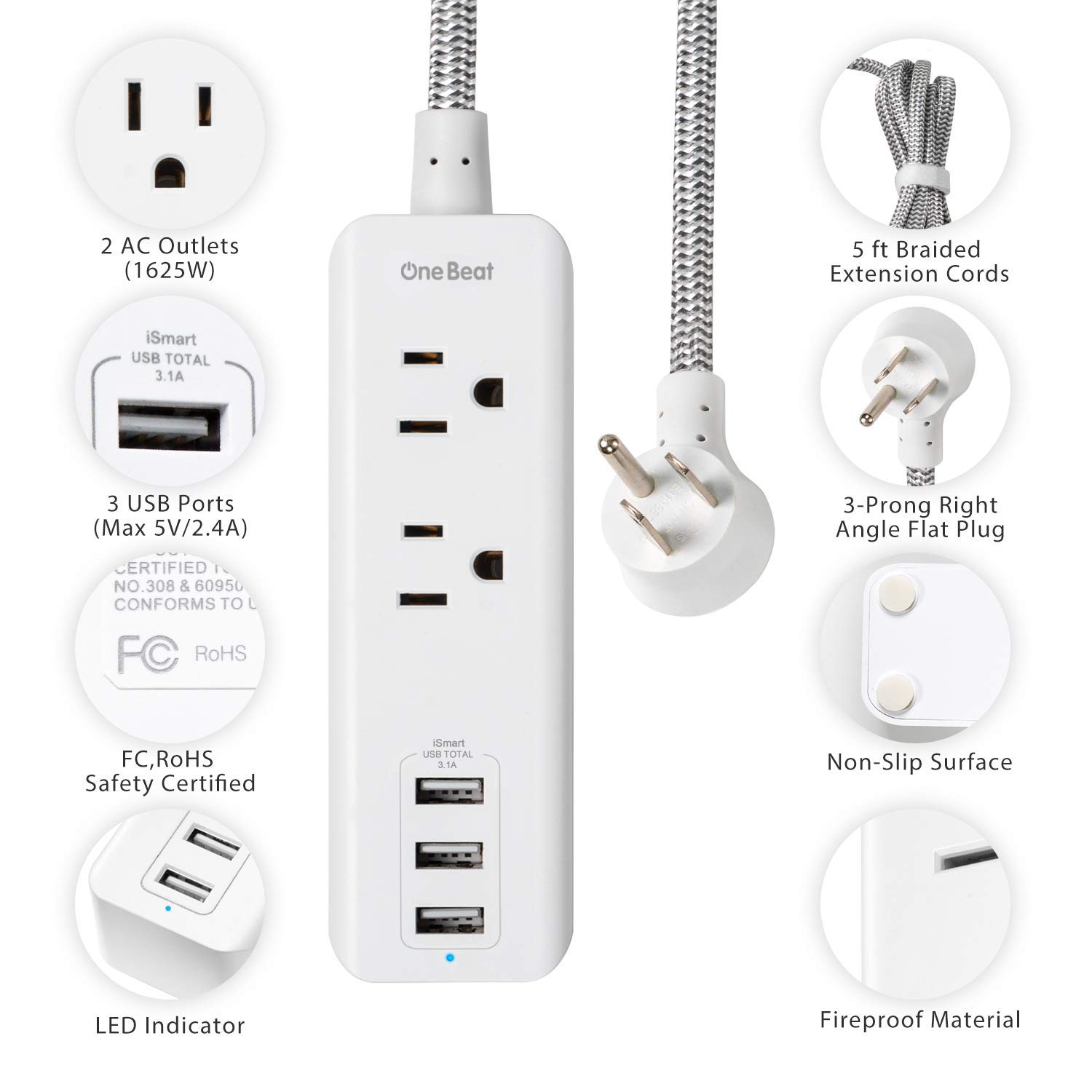 Power Strip with 3 USB Charging Ports(15W/3.1A) and 2 Outlets, Desktop Charging Station with 5 Foot Braided Extension Cord, Right Angle Flat Plug, Small for Travel Hotel, Cruise Ship, Home and Office