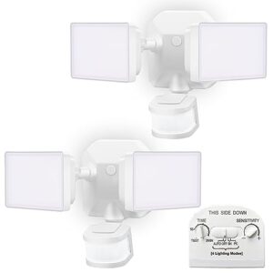 emaner security lights outdoor, flood lights hardwired ac power, motion sensor/dusk to dawn/ 6hrs/eco dim 4 working modes, 5000k daylight, exterior security floodlight for yard/garage/patio, 2pack