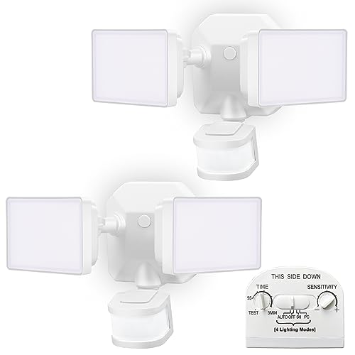 EMANER Security Lights Outdoor, Flood Lights Hardwired AC Power, Motion Sensor/Dusk to Dawn/ 6Hrs/Eco Dim 4 Working Modes, 5000K Daylight, Exterior Security Floodlight for Yard/Garage/Patio, 2Pack