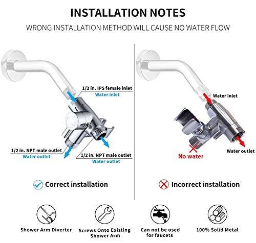 G-Promise Solid Metal Shower Arm Diverter with Handshower Mount for Hand Held Showerhead and Fixed Spray Head ∣ G 1/2 3-Way Bathroom Universal Shower System Replacement Part (Polished Chrome)