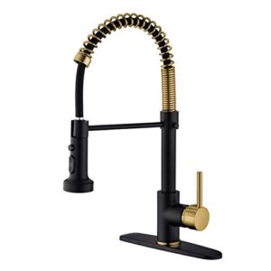 pirooso kitchen sink faucet, solid brass kitchen faucet with 3 function pull down sprayer, black and gold kitchen faucet