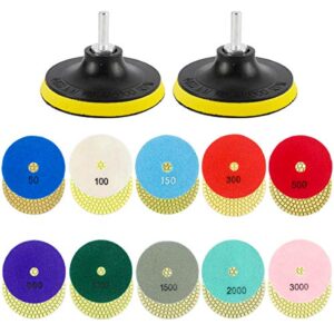 toolly 12 pack 4 inch diamond polishing pads set wet/dry polishing kit 10pcs 50#-3000# grit pads with 2pcs hook and loop backer pads for granite stone concrete marble floor grinder or polisher