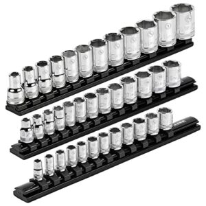 ares 60053-3-piece black magnetic socket organizer set - aluminum rails store up to 12 sockets each and keep your tool box organized