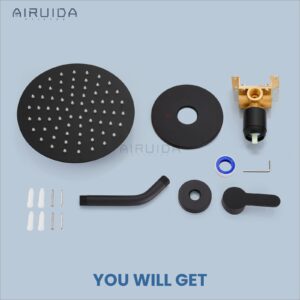 Airuida Matte Black Single Function Shower Trim Kit Shower Faucet Set Wall Mount 8 Inch Round Rainfall Shower Head and Handle Set Single Handle Shower System Set with Female Threads Rough-in Valve