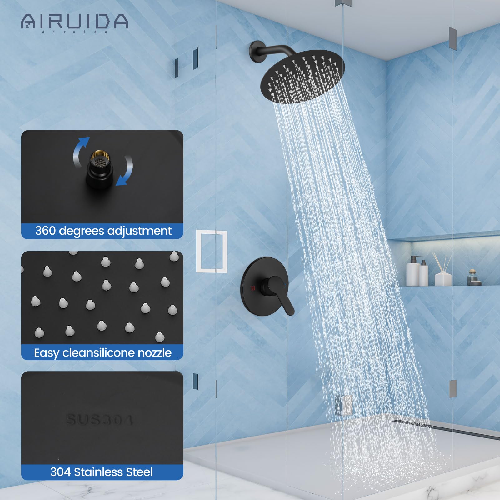 Airuida Matte Black Single Function Shower Trim Kit Shower Faucet Set Wall Mount 8 Inch Round Rainfall Shower Head and Handle Set Single Handle Shower System Set with Female Threads Rough-in Valve