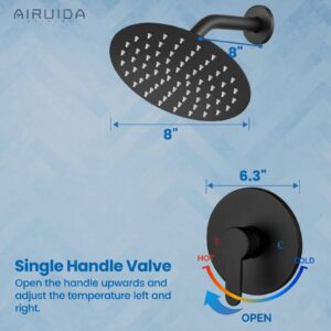 Airuida Matte Black Single Function Shower Trim Kit Shower Faucet Set Wall Mount 8 Inch Round Rainfall Shower Head and Handle Set Single Handle Shower System Set with Female Threads Rough-in Valve