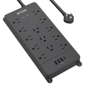 trond power strip surge protector, 4000j, etl listed, 13 widely-spaced outlets expansion with 4 usb ports(1 usb c), low-profile flat plug, wall mountable, 5ft extension cord, 14awg heavy duty, black