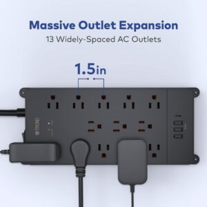 TROND Power Strip Surge Protector, 4000J, ETL Listed, 13 Widely-Spaced Outlets Expansion with 4 USB Ports(1 USB C), Low-Profile Flat Plug, Wall Mountable, 5ft Extension Cord, 14AWG Heavy Duty, Black