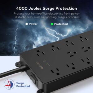 TROND Power Strip Surge Protector, 4000J, ETL Listed, 13 Widely-Spaced Outlets Expansion with 4 USB Ports(1 USB C), Low-Profile Flat Plug, Wall Mountable, 5ft Extension Cord, 14AWG Heavy Duty, Black
