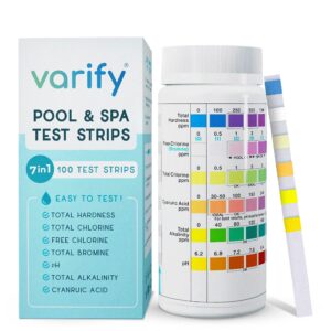 varify premium pool and spa test strips - 7 in 1 testing strip for pools, spa, hot tub & more - water quality testing kit for hardness, chlorine, bromine, ph, alkalinity & cyanuric acid (100 strips)