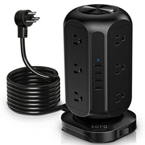 power strip tower aofo surge protector 12 ac outlets with 4 usb ports charging station with overload protection, widely spaced multiple outlets with 10ft long extension cord for home, dorm & office