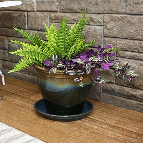 Sunnydaze Ceramic Indoor/Outdoor Flower Pot Saucers Set of 2 - UV- and Frost-Resistant - Forest Lake Green - 12-Inch