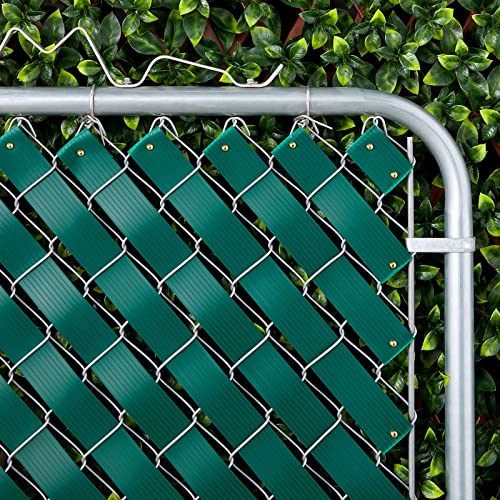 Chain Link Fence Slats, Privacy Screen Covering Tape Roll with Brass Fasteners, Weave Panel Design for Home, School, Business, Stadiums (1.8 in x 246 ft, Green)