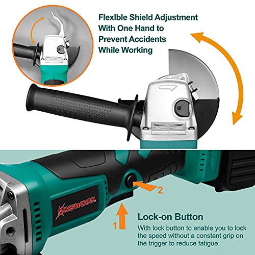 Kinswood Brushless Cordless Angle Grinder 20V 4-1/2” Cut-Off 3.0Ah Lithium-ion Battery & Fast Charger w/Cutting Wheel & Grinding Wheel