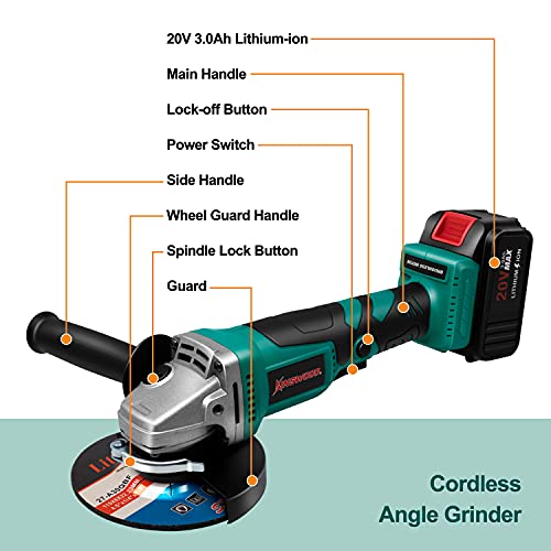 Kinswood Brushless Cordless Angle Grinder 20V 4-1/2” Cut-Off 3.0Ah Lithium-ion Battery & Fast Charger w/Cutting Wheel & Grinding Wheel