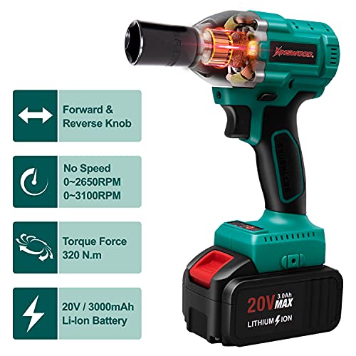 KINSWOOD 20V MAX Cordless Impact Wrench with 1/2" Chuck, Max Torque (320N.m) 4Pcs Drive Impact Sockets,3.0A Li-ion Battery with 1 Hour Fast Charger and Tool Bag