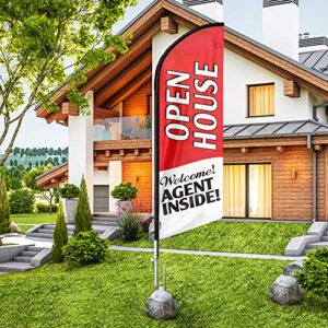 qsum open house signs for real estate agents large, 11ft swooper open house feather flag sign with flagpole/stainless steel ground stake/portable bag, open house banner for business (red)