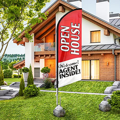 QSUM Open House Signs for Real Estate Agents Large, 11FT Swooper Open House Feather Flag Sign with Flagpole/Stainless Steel Ground Stake/Portable Bag, Open House Banner for Business (Red)