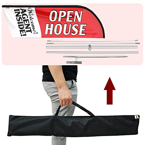 QSUM Open House Signs for Real Estate Agents Large, 11FT Swooper Open House Feather Flag Sign with Flagpole/Stainless Steel Ground Stake/Portable Bag, Open House Banner for Business (Red)