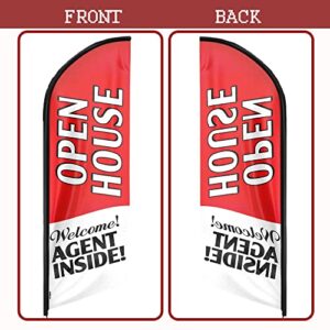 QSUM Open House Signs for Real Estate Agents Large, 11FT Swooper Open House Feather Flag Sign with Flagpole/Stainless Steel Ground Stake/Portable Bag, Open House Banner for Business (Red)