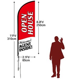 QSUM Open House Signs for Real Estate Agents Large, 11FT Swooper Open House Feather Flag Sign with Flagpole/Stainless Steel Ground Stake/Portable Bag, Open House Banner for Business (Red)