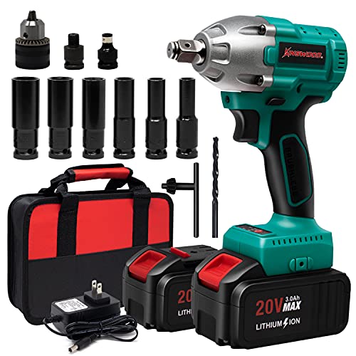 Kinswood Cordless Impact Wrench, 1/2 Chuck Impact Driver/Drill/Screws with 3100RPM Variable Speed, Torque 320 ft-lbs,20v 2xLithium-Ion 3.0AH Battery Pack Safety Lock Design