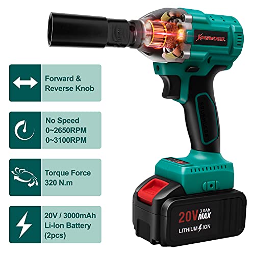 Kinswood Cordless Impact Wrench, 1/2 Chuck Impact Driver/Drill/Screws with 3100RPM Variable Speed, Torque 320 ft-lbs,20v 2xLithium-Ion 3.0AH Battery Pack Safety Lock Design