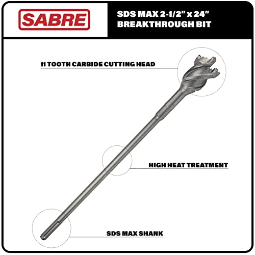 Sabre Tools 2-1/2 in x 20 in x 24 in SDS MAX Breakthrough Bit, Thru Hole Bit Carbide Tipped, Multi-Cutting Head for Concrete, Brick, Stone