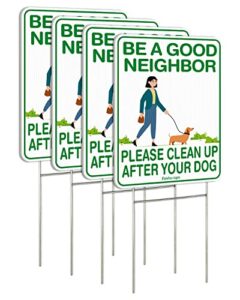 faittoo clean up after your dog signs, (4 pack) 12"x9" double sided with metal h-stake no poop signs for lawn, no pooping dog signs for yard waterproof, weather resistant, easy to mount