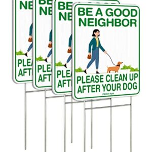 Faittoo Clean Up After Your Dog Signs, (4 Pack) 12"x9" Double Sided with Metal H-Stake No Poop Signs for Lawn, No Pooping Dog Signs for Yard Waterproof, Weather Resistant, Easy to Mount