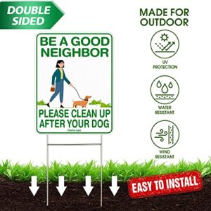 Faittoo Clean Up After Your Dog Signs, (4 Pack) 12"x9" Double Sided with Metal H-Stake No Poop Signs for Lawn, No Pooping Dog Signs for Yard Waterproof, Weather Resistant, Easy to Mount