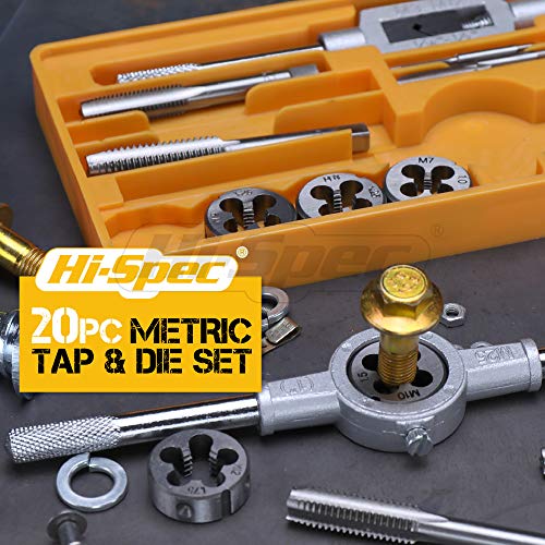 Hi-Spec 20 Piece Metric Tap & Die Set - Complete M3 to M12 Fine & Coarse Tools to Cut, Chase and Thread with Wrench Accessories in a Tray Case