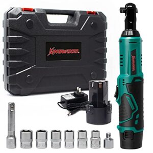kinswood cordless ratchet wrench set, 3/8" 400 rpm 12v power electric ratchet driver with 12 sockets, 2x lithium-ion batteries and 60-min fast charge