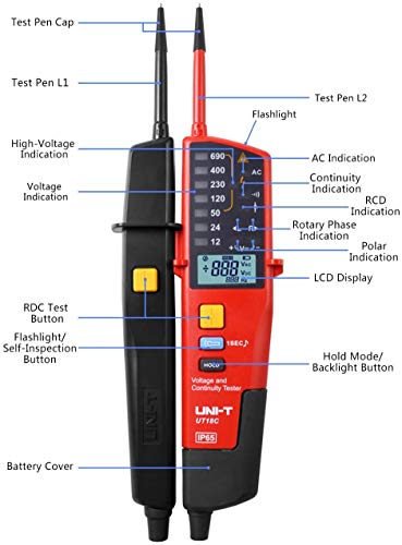 Voltage Tester Professional UT18C Voltage and Continuity Tester Multifunction Waterproof Digital Electrical Circuit Tester Voltage Meter Voltmeter 12V~690V AC/DC Automatic Range LCD Display