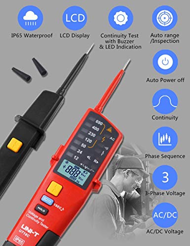 Voltage Tester Professional UT18C Voltage and Continuity Tester Multifunction Waterproof Digital Electrical Circuit Tester Voltage Meter Voltmeter 12V~690V AC/DC Automatic Range LCD Display