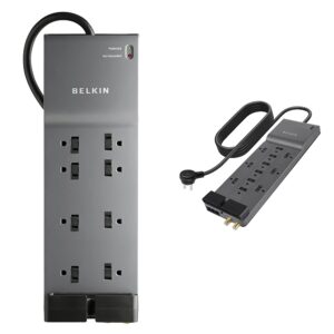 belkin be108230-06 8-outlet power strip surge protector w/flat plug, 6ft cord (3,550 joules),black & 12-outlet power strip surge protector w/ 8ft cord (3,940 joules), gray