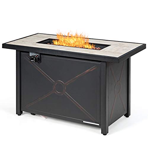 Giantex Gas Fire Pit Table w/Ceramic Tabletop, 42 Inch 60,000 BTU Rectangular Propane Fire Pit Table, Outdoor Electronic Ignition Propane Heater w/Table Cover, Waterproof Cover, Lava Rock