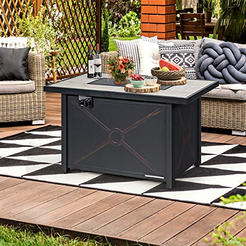 Giantex Gas Fire Pit Table w/Ceramic Tabletop, 42 Inch 60,000 BTU Rectangular Propane Fire Pit Table, Outdoor Electronic Ignition Propane Heater w/Table Cover, Waterproof Cover, Lava Rock