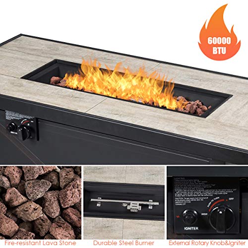 Giantex Gas Fire Pit Table w/Ceramic Tabletop, 42 Inch 60,000 BTU Rectangular Propane Fire Pit Table, Outdoor Electronic Ignition Propane Heater w/Table Cover, Waterproof Cover, Lava Rock