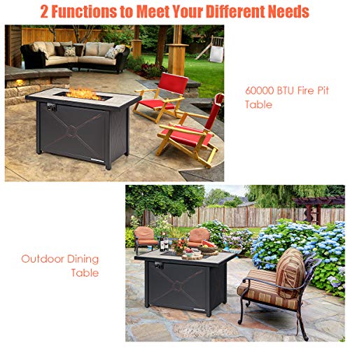 Giantex Gas Fire Pit Table w/Ceramic Tabletop, 42 Inch 60,000 BTU Rectangular Propane Fire Pit Table, Outdoor Electronic Ignition Propane Heater w/Table Cover, Waterproof Cover, Lava Rock