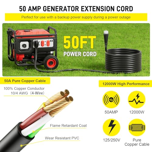 Best brose 50Ft 50 Amp Generator Extension Cord Generator Cord 125V 250V UL Listed Generator Power Cord N14-50P & SS2-50R Twist Lock Connectors (50Ft 50 Amp) (50FT)