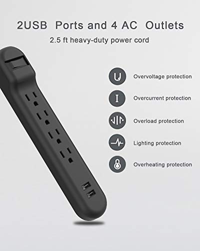 Wishinkle Surge Protector, 4 AC Multiple Plug Outlets with 2 USB Power Strip, 2.5 ft Flat Plug Extension Cord for Home, Office, Travel, School, Black