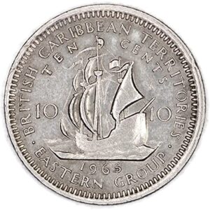 1965 AG Caribbean States KM# 5 Golden Hind Ship of Sir Francis Drake 10 Cent Very Good